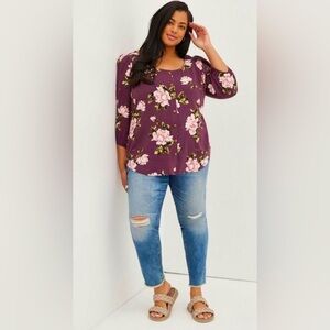 Torrid top Rayon Slub Button-Front Puff Sleeve top blouse size 3X floral